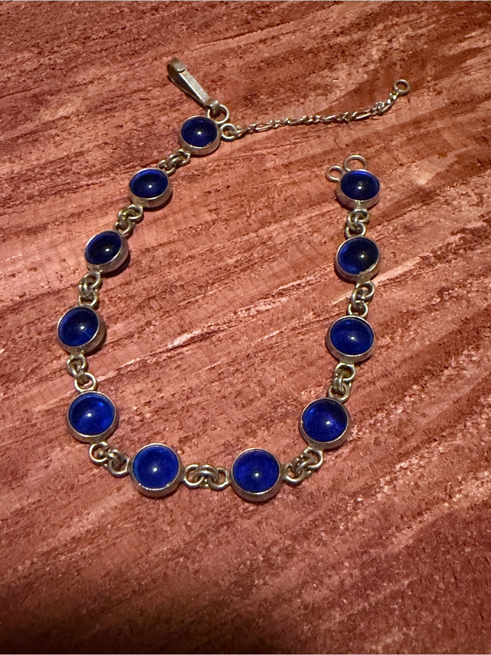 925 Sterling Silver Blue Cabochon Link Bracelet - Unbranded